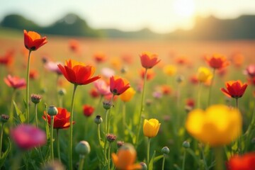 Fototapeta premium Vibrant Field of Blossoming Flowers at Sunset, a Serene and Colorful Display of Nature's Beauty