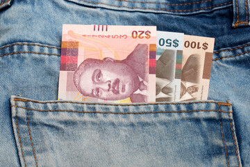 Bahamian dollar in the pocket of blue jeans