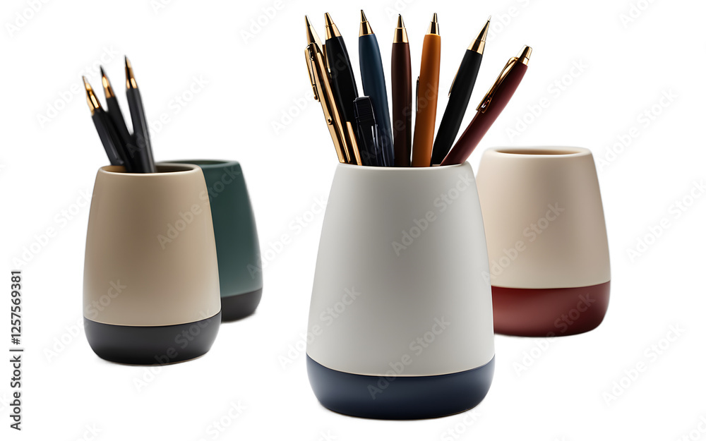 Poster a stylish ceramic pen holder with a matte finish, isolated on a empty plain background