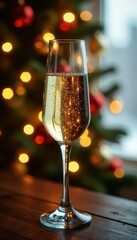 Golden champagne flute, shimmering Christmas tree lights , festive, alcohol