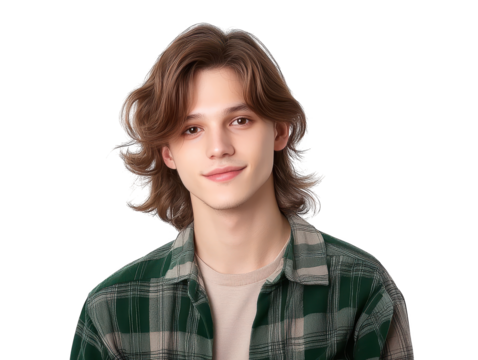 Portrait of a young man in stylish green and white plaid shirt