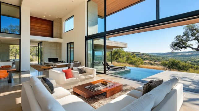 Modern home living room, hilltop pool view, Texas landscape, luxury real estate