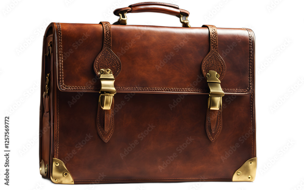 Poster a vintage leather briefcase with brass clasps, isolated on a empty plain background