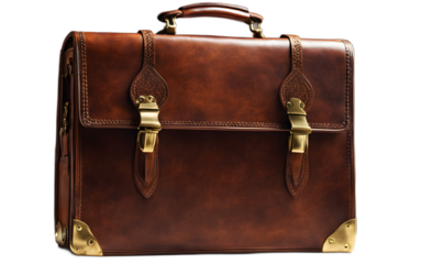 A vintage leather briefcase with brass clasps, isolated on a empty plain background