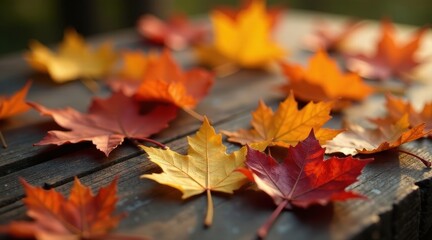 Autumnal foliage scattered on a weathered wooden surface, bathed in the warm glow of sunlight, creating a picturesque scene of fall's vibrant colors.