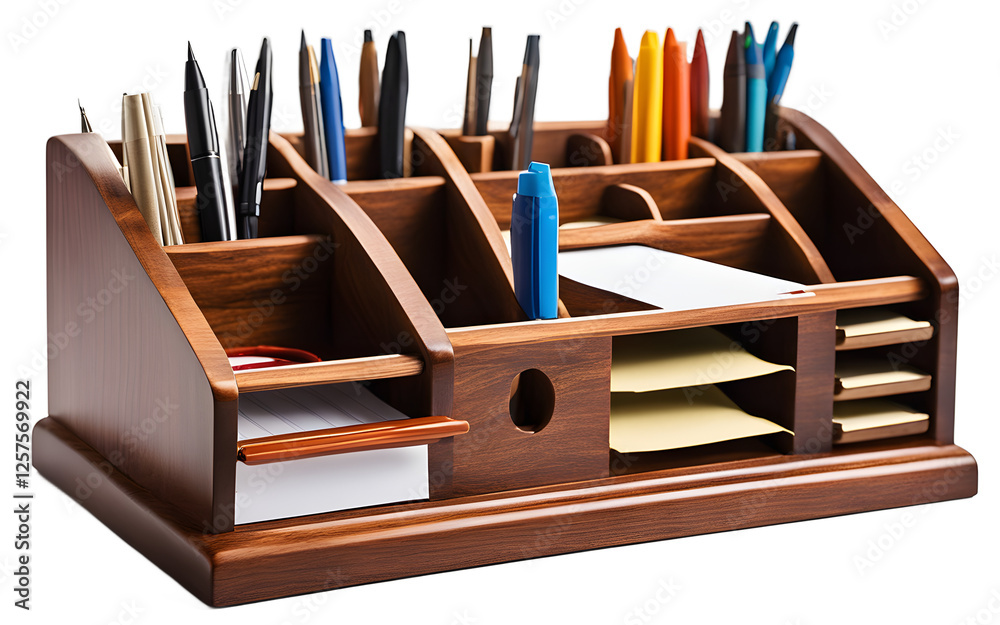 Poster a wooden pencil holder with a set of sharpened pencils, isolated on a empty plain background