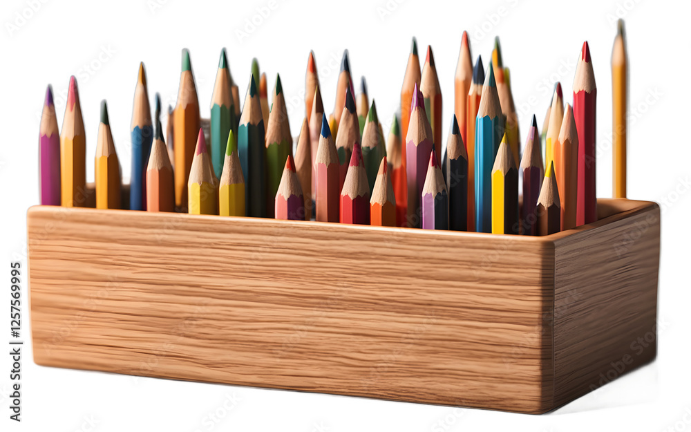 Aufkleber a wooden pencil holder with a set of sharpened pencils, isolated on a empty plain background