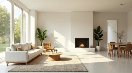 Fototapeta premium Modern minimalist living space design featuring a neutral color palette, fireplace, and abundant natural light