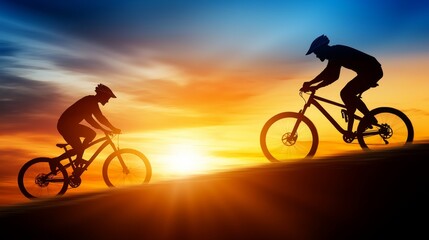 Fototapeta premium A couple of people riding bikes on top of a hill