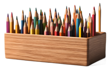 A wooden pencil holder with a set of sharpened pencils, isolated on a empty plain background