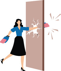 A businesswoman punches a hole in a wall. An illustration of breaking rules, freedom, innovation, and thinking outside the box