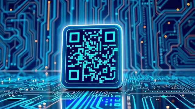 Futuristic QR code glowing on a digital circuit board, symbolizing technology and connectivity