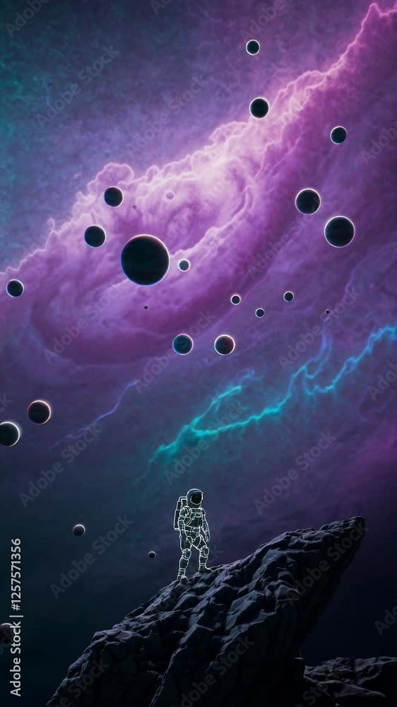 Aufkleber A soft, surreal backdrop of multi-colored planetary orbs floating amidst nebula clouds, framing an astronaut poised on a rocky alien outcrop for an ethereal sci-fi effect.