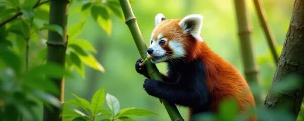 Fototapeta premium Red panda delicately nibbling bamboo in lush forest , snack, cute