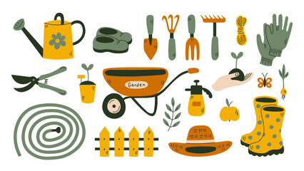 Gardening Tools icons Set. Hand drawn garden equipment in flat style. Collection of Watering can wheelbarrow hose shovel harvest seedling vector illustrations. 