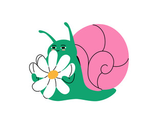 Happy cartoon snail with meadow flower. Little slug with shell holds cute daisy. Amusing snailfish character with wildflower in hands crawls. Flat isolated vector illustration on white background