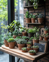 Fototapeta premium Succulent Collection in Terracotta Pots on Wooden Shelf by Window