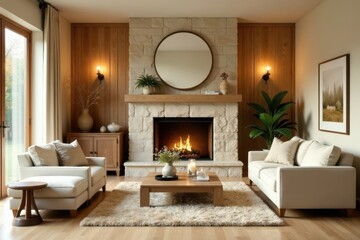 Relaxing living room interior design with a cozy fireplace and comfortable seating