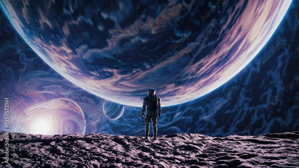 Aufkleber A soft, surreal backdrop of multi-colored planetary orbs floating amidst nebula clouds, framing an astronaut poised on a rocky alien outcrop for an ethereal sci-fi effect.