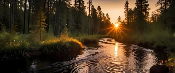 Breathtaking sunset over a lazy river winding through the forest inviting peaceful moments of reflection amidst nature