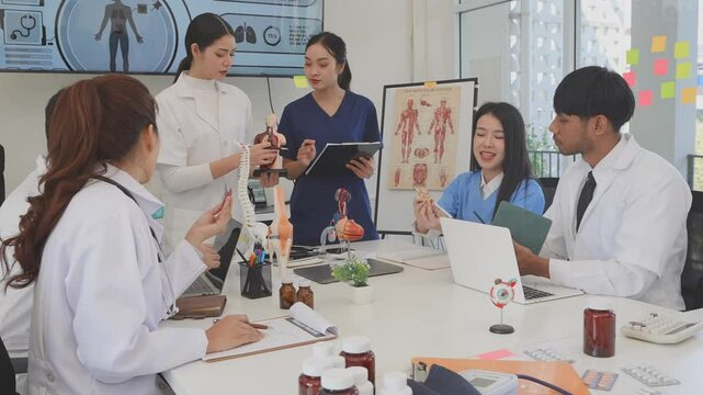 Asian medical team meeting About rickets and human internal organs, medical health concept