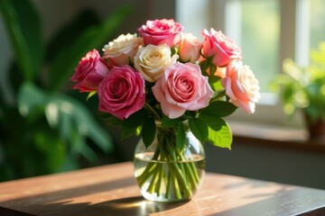 Fototapeta premium A delightful bouquet of pink and cream roses arranged in a clear glass vase, bathed in sunlight near a window, creates a serene and elegant atmosphere.