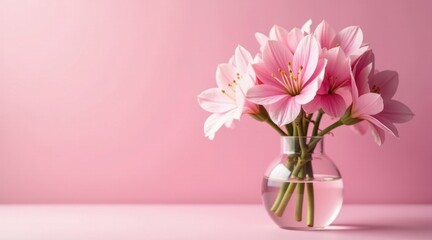 Delicate Pink Blooms in a Glass Vase on a Soft Pink Background