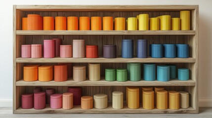 Naklejka premium Minimalist wooden shelf displaying vibrant packaging boxes in modern interior