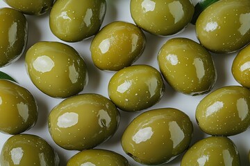 A close-up view of green olives showcases their glossy texture and richness, highlighting their culinary appeal and health benefits.