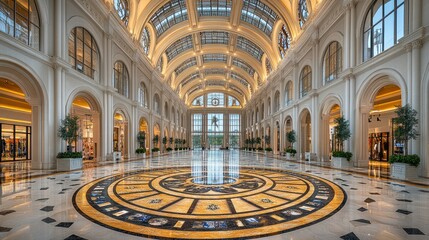 Obraz premium Grand interior mall, ornate arches, polished floor, shops in background