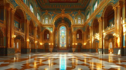 Naklejka premium Grand ornate cathedral interior, sunlight streams in