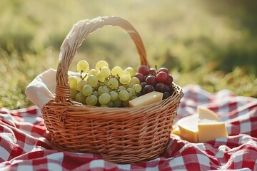 A charming picnic basket filled with assorted grapes and cheese set against a green outdoor backdrop.