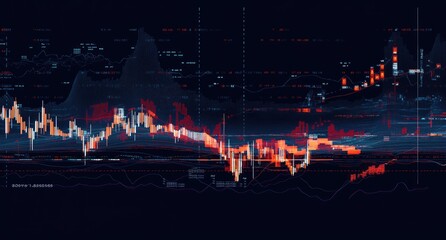 Abstract financial data chart; falling market trends; dark digital background; for stock analysis presentation