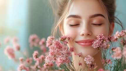 Naklejka premium Young woman smiling gently while surrounded by pink flowers in a serene indoor setting