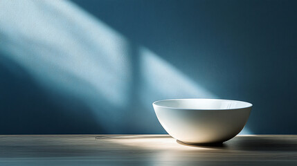 Minimalist still life with a white bowl on a table against a blue wall, bathed in natural light. Serene and simple composition, highlighting form and shadow.