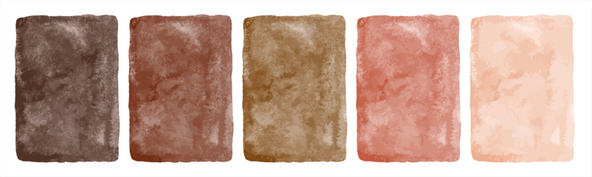 Brown hand drawn watercolor textures with stains. Dark chocolate coffee light beige terracotta aquarelle rectangle templates bundle. Human skin shades painted watercolour A4 backgrounds collection