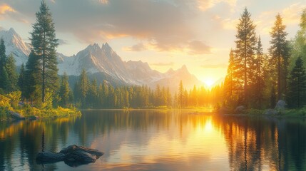 Fototapeta premium Majestic Sunset Over Mountain Lake And Forest