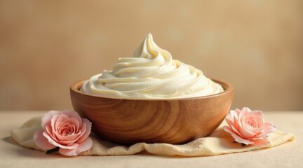 Creamy swirls of delicate frosting in a rustic wooden bowl, adorned with pastel roses, a tranquil scene of simple elegance.