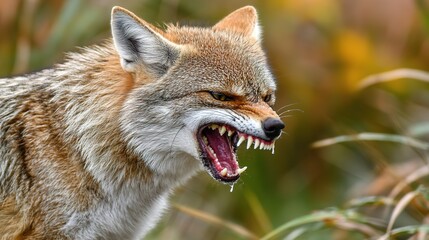 Naklejka premium Aggressive rabid dog snarling with frothy saliva, intense eyes, and raised fur, isolated on a blurred background. Concept of danger, wild animal behavior, and rabies awareness