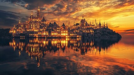 Fototapeta premium Illuminated castle on lake at sunset; fantasy, tourism