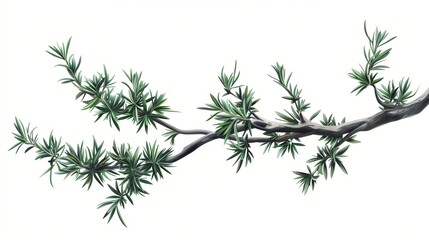 A branch of fresh rosemary with dark green needle-like leaves, isolated on white. The rich herbal texture and fine details look highly realistic.