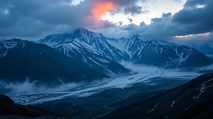 Majestic snow-capped mountain range peaks under cloudy skies with valley river below.