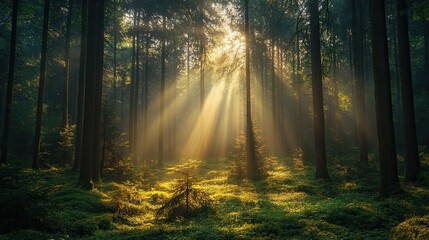 Obraz premium Sunbeams Illuminate a Mystical Forest Scene