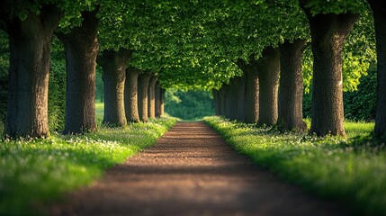 Serene Pathway Through Lush Green Tree Lined Avenue