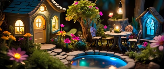 Fototapeta premium Whimsical fairy garden adorned with miniature furniture and colorful flowers encouraging creativity and imagination