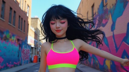 Naklejka premium Young woman enjoying a vibrant moment in a street art alley during daylight with flowing hair and colorful attire