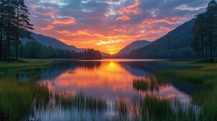 Fototapeta premium Majestic Sunset Over Calm Mountain Lake and Trees