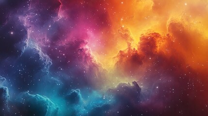 Fototapeta premium A colorful cosmic nebula with vibrant clouds of orange, pink, and blue, set a dark starry background. The abstract composition showcases a blend of light, texture, and glowing patterns. Generative AI