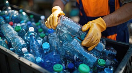 Obraz premium Workers Sorting Plastic Bottles for Recycling Process