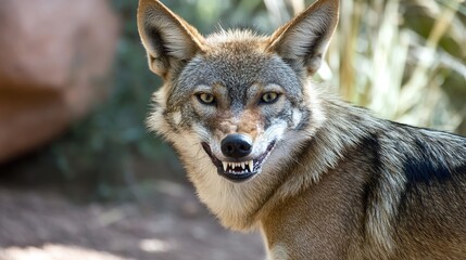 Obraz premium Aggressive rabid dog snarling with frothy saliva, intense eyes, and raised fur, isolated on a blurred background. Concept of danger, wild animal behavior, and rabies awareness